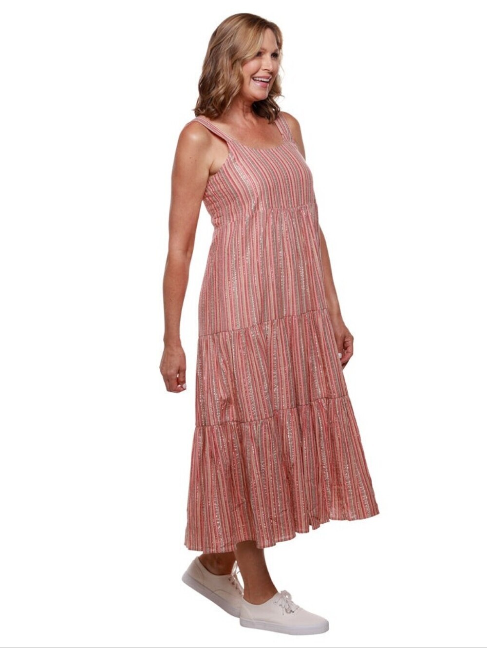 Linda Anderson | Rose Striped Multicolored Tiered Smocked Sun Dress Size Medium - Picture 2 of 13